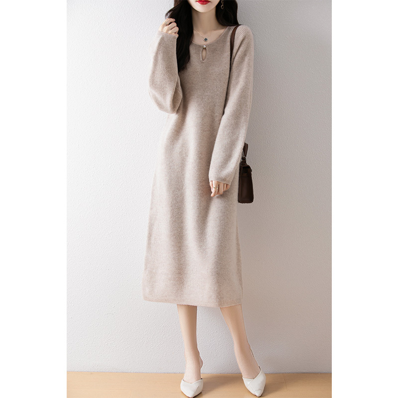 100% Pure Wool Dress for Women 2026 Autumn and Winter New Round Neck Slim Sweater Mid-Length Knitted Long Skirt 100% Pure Wool Dress for Women 2026 Autumn and Winter New Round Neck Slim Sweater Mid-Length Knitted Long Skirt