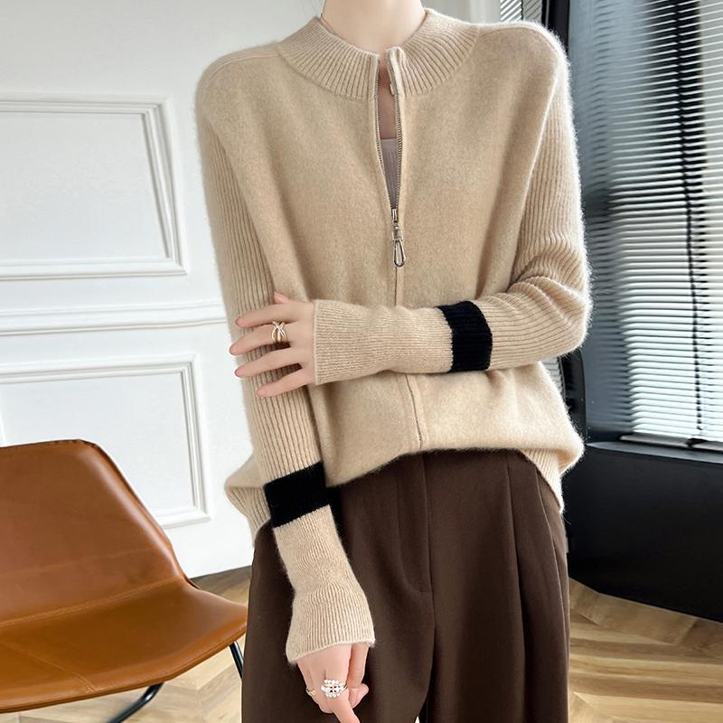 Half-Turtleneck 100% Wool Sweater with Contrasting Colors, Vintage Zip-Up Cardigan for Women, Loose Long-Sleeve Cashmere Knit Jacket Top