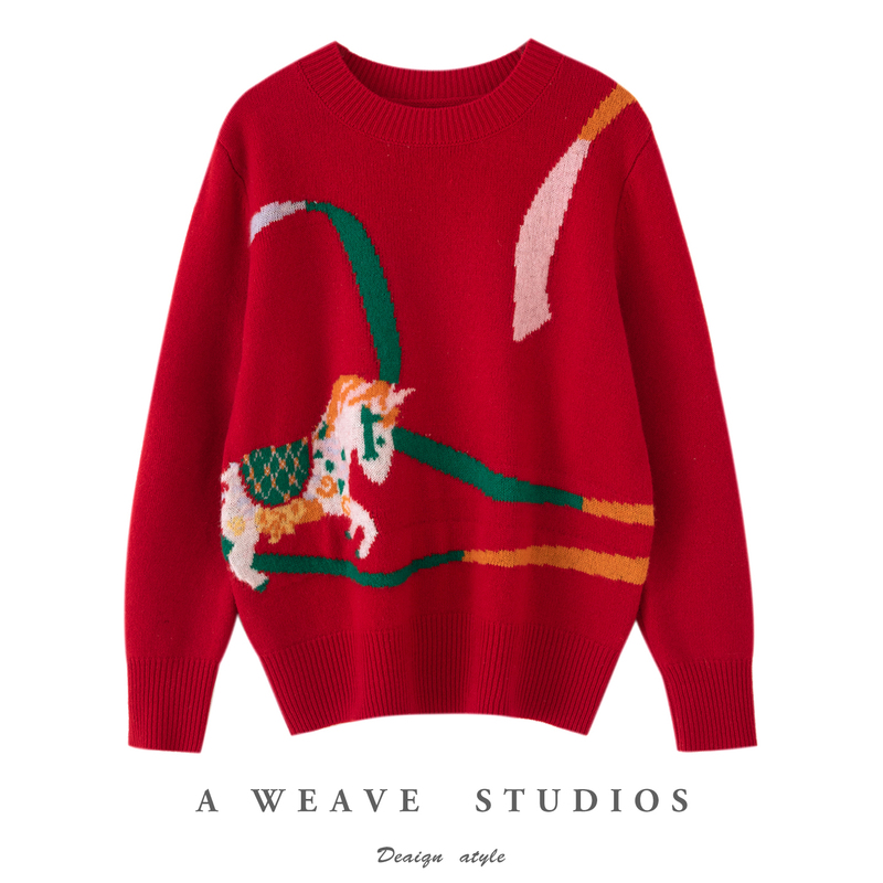 2025 New Style 100% Pure Wool Red Round Neck Pullover Knit Sweater for Women, Long Sleeve with Cartoon Pattern, Loose Fit