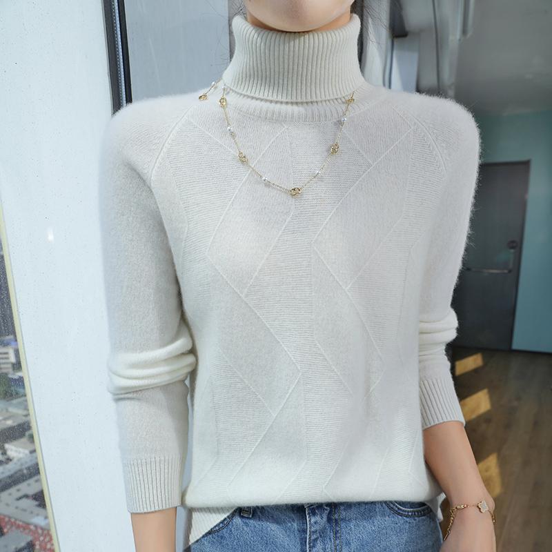 High Collar 100% Wool Sweater Long-Sleeve Jacquard Pullover Sweater for Women Loose Cashmere Sweater Solid Color Knitted Base Sweater
