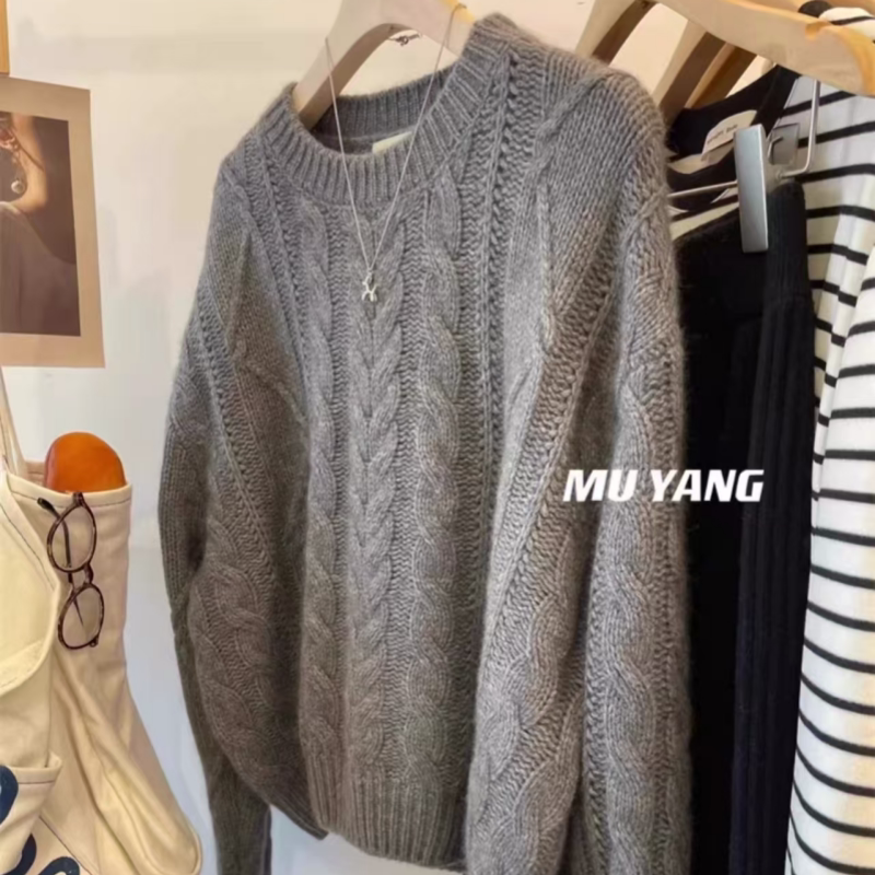 Round Neck Twist Knit 100% Pure Wool Sweater for Women 2026 Autumn and Winter New Loose Pullover Sweater Lazy Cashmere Knitwear Round Neck Twist Knit 100% Pure Wool Sweater for Women 2026 Autumn and Winter New Loose Pullover Sweater Lazy Cashmere Knitwear