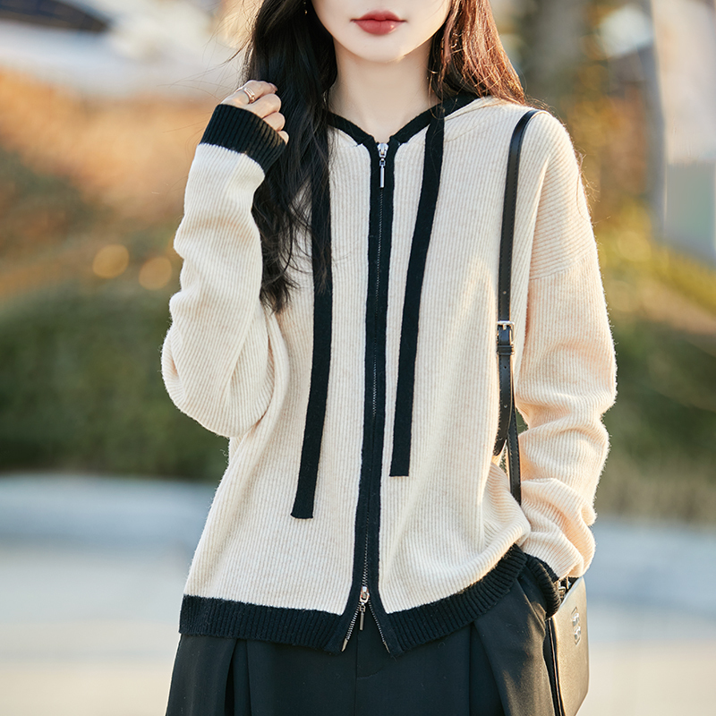 Spring and Autumn New Style Hooded 100% Pure Wool Cardigan for Women, Double Zipper Color-Blocking Youthful Sweatshirt with Cashmere Outer Layer