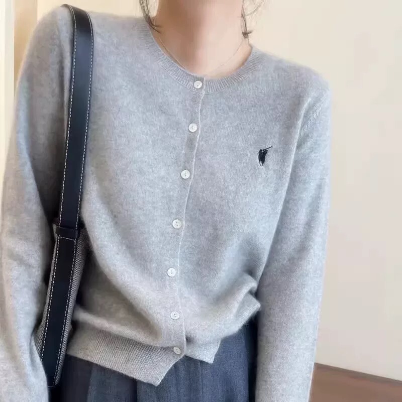 Merino 100% Pure Wool Cardigan Women's Long-Sleeved Knitted Sweater Embroidered Jacket 26 Early Spring New Cashmere Top