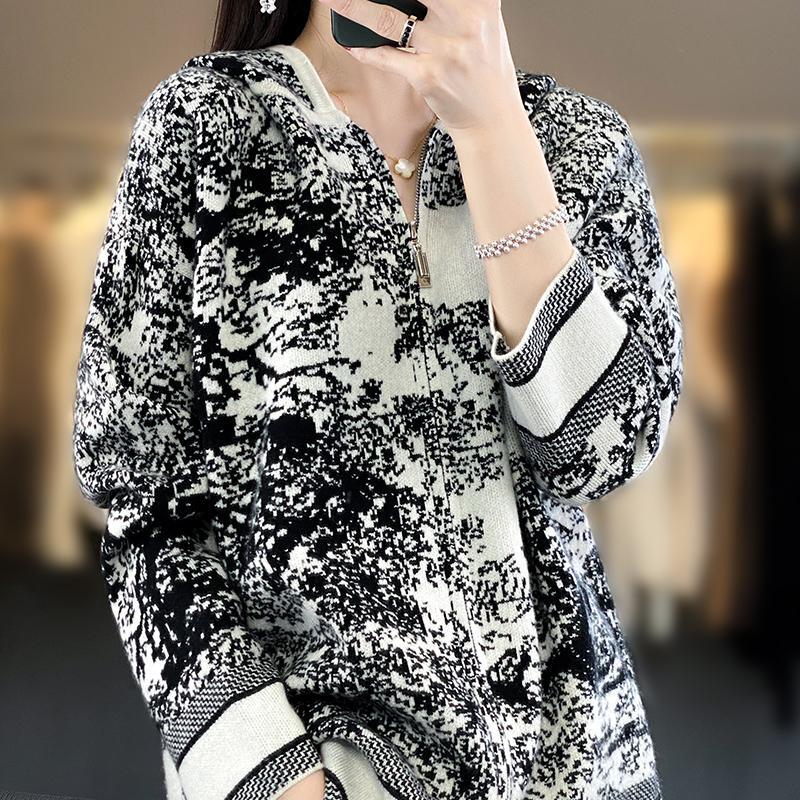 Autumn and Winter 100% Pure Wool Cardigan for Women with Zipper and Hood, Ink Painting Fashion Knitted Sweater, Cashmere Loose Coat