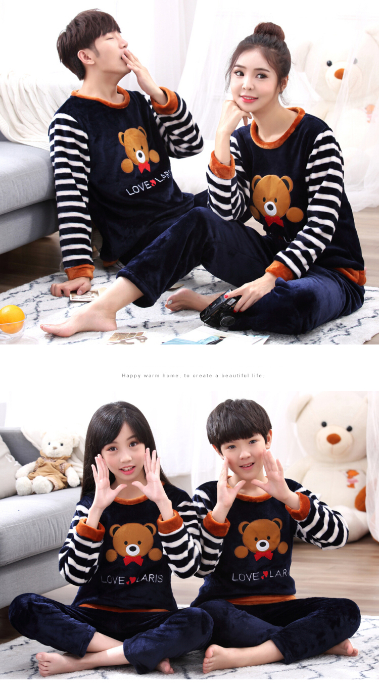 Đồ ngủ cha mẹ và con gái mùa đông san hô lông cừu trẻ em gia đình của ba cặp vợ chồng flannel dịch vụ nhà nam phù hợp dày đồ bộ pijama