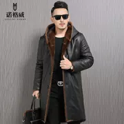 Áo khoác lông chồn dài trùm đầu nam da lỏng lẻo hai lớp da bò da cao cấp Hained leather áo gió - Quần áo lông thú