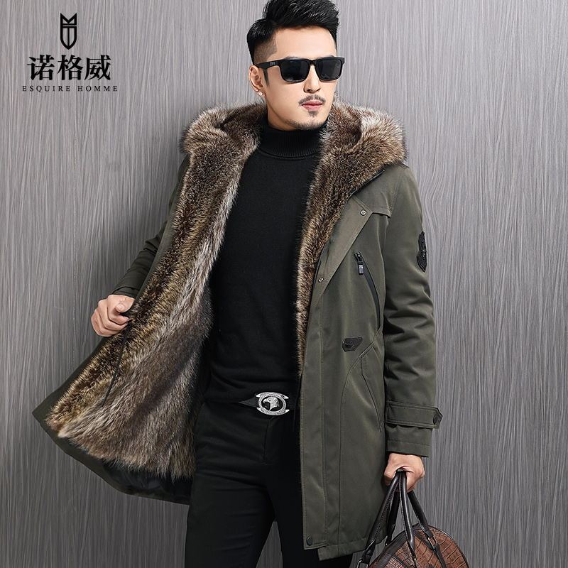 Men's Raccoon Fur-Lined Parka Long Hooded Thickened Fur Coat Casual Genuine Leather Jacket Winter