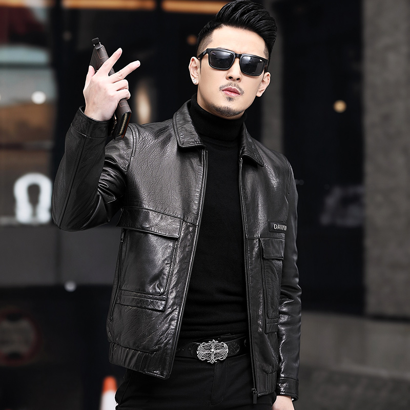 Da da man ve áo jacket da ngắn ve áo da cừu trồng Locomotive Haining áo khoác da duy nhất