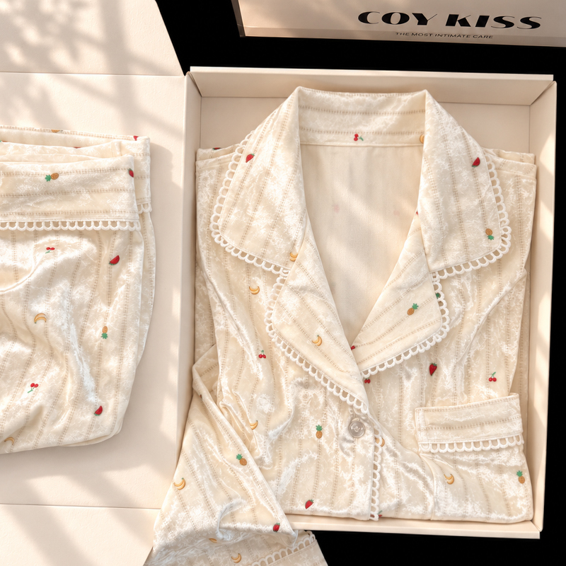 Coy Kiss Light Luxury Printed Velvet Pajamas for Women, Sweet Spring and Autumn, Winter Velvet Can Be Worn Outside, Home Wear Set