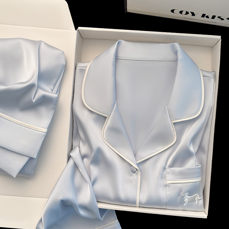 Coy Kiss Silk Pajamas for Women, Spring and Summer New Style, Pure Color, High-End Feel, Can Be Worn Outside, Home Wear Gift Box Set