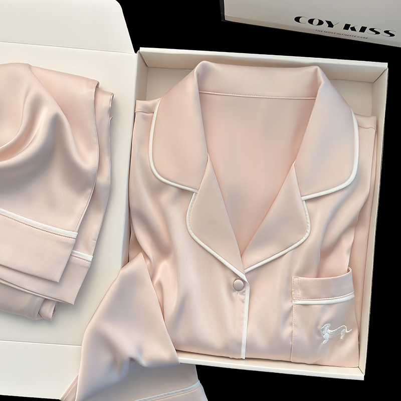 Coy Kiss Silk Pajamas for Women, Spring and Autumn, Elegant, Sweet, High-End Silk Long-Sleeved Long Pants Loungewear Gift Box Set