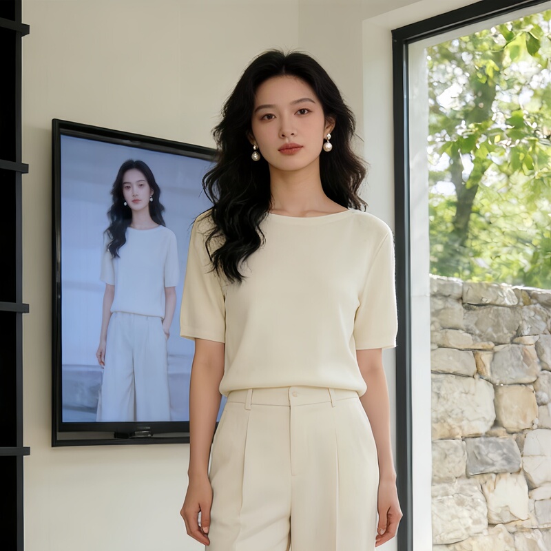 Casual Boat-Neck Short-Sleeved Knitwear for Women, Off-White Stretch Cotton Basic Work Clothing Top, Close-Fitting and Skin-Friendly Fabric