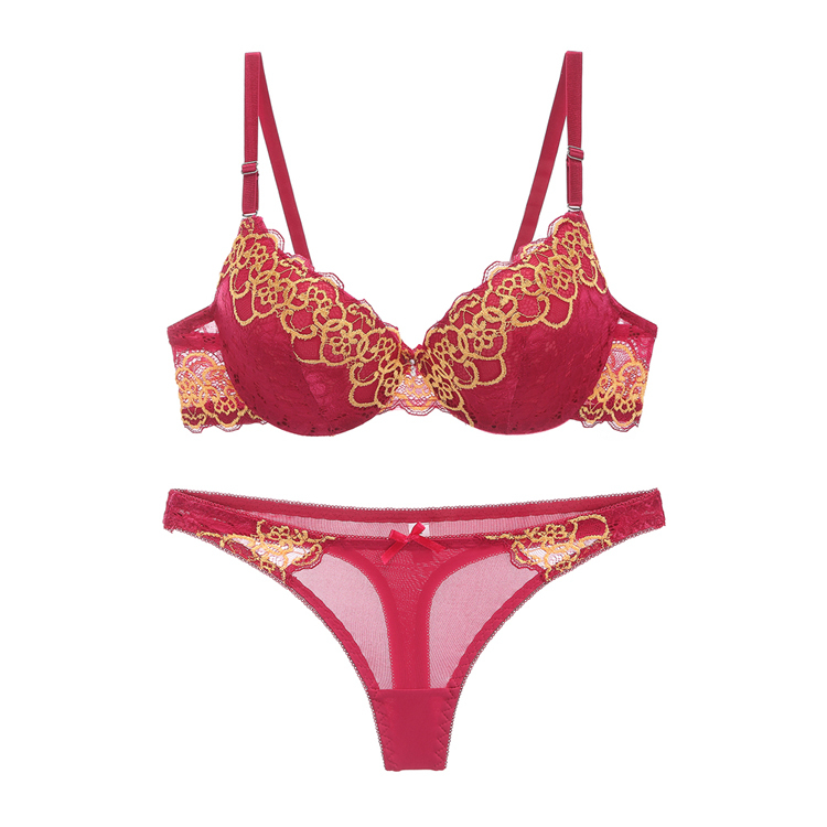 European and American Style Thong Bra Sexy Lace Top Thin Bottom Thick Deep V Gathered Comfortable Lingerie Bra Set