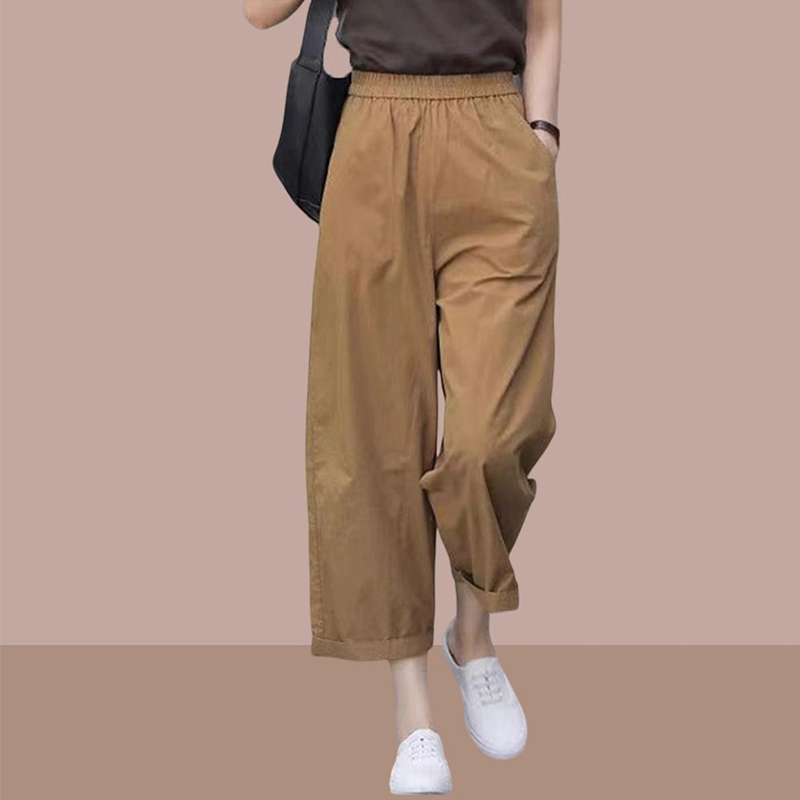 Khaki Wide-Leg Casual Pants for Women, Spring Season, Pure Cotton, Thin, High-Waisted, Loose, Slimming, Petite, Cropped Straight-Leg Pants