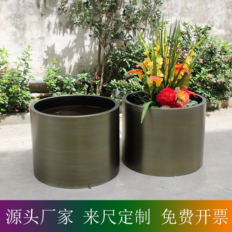 Cylinder, cylinder, stainless steel flowerpot, bronze, round flowerpot, metal office flower barrel, specialty store
