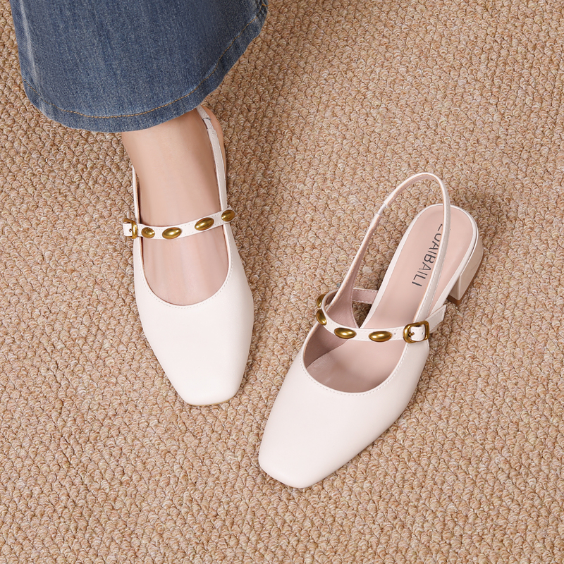 2026 Summer New Style Mid-Heel Closed-Toe Elegant Square-Toe Hollow Chunky Heel Mary Jane Genuine Leather Strap Backless Women's Sandals