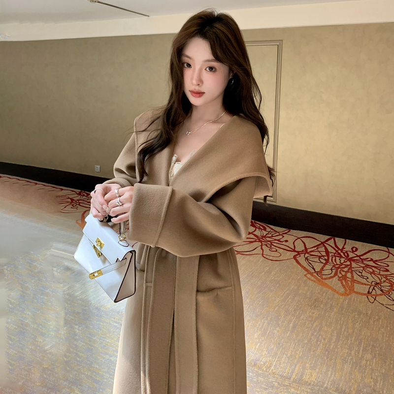 2026 New m Brand Fabio Hooded Bathrobe-Style Loose-Fitting Belted Camel-Colored Long Double-Sided Cashmere Wool Coat for Women