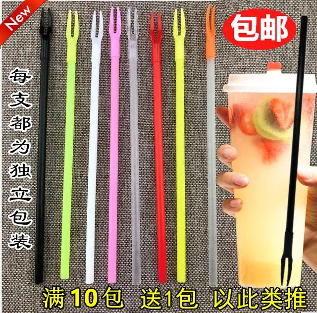 Lengthened disposable fruit fork fruit tea long fork straw fork dual-use plastic long handle fork plus hard straw fork