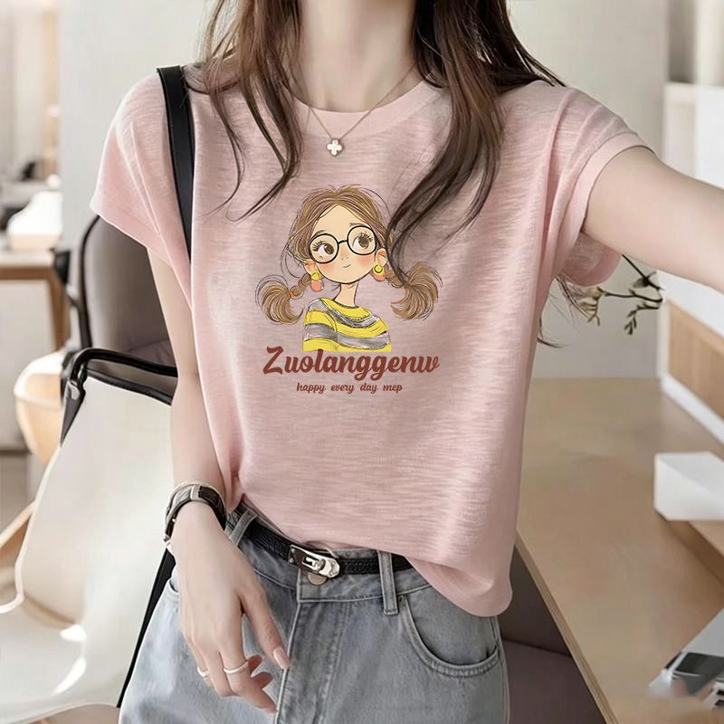 Cool Bamboo Cotton Korean-Style Printed Pink T-Shirt for Women, New Summer Casual Thin Short-Sleeved Ice Silk Top