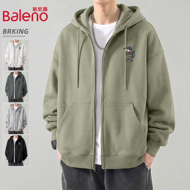 Baleno Loose Sweatshirt for Men 2026 New American Style Zip-Up Jacket Autumn Casual Heavyweight Hooded Cardigan Trendy L