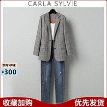 Spring 2021 new jacket small suit suit womens fashion casual plaid suit jeans two-piece suit