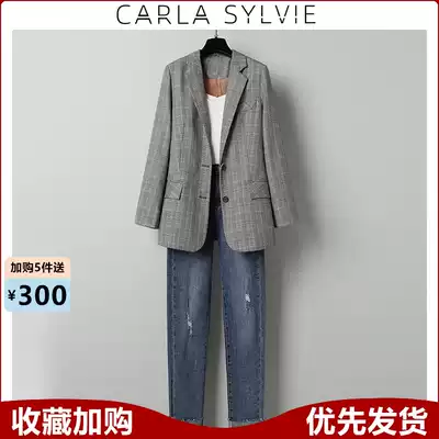 Spring 2021 New jacket small suit suit women fashion casual plaid suit jeans two-piece set