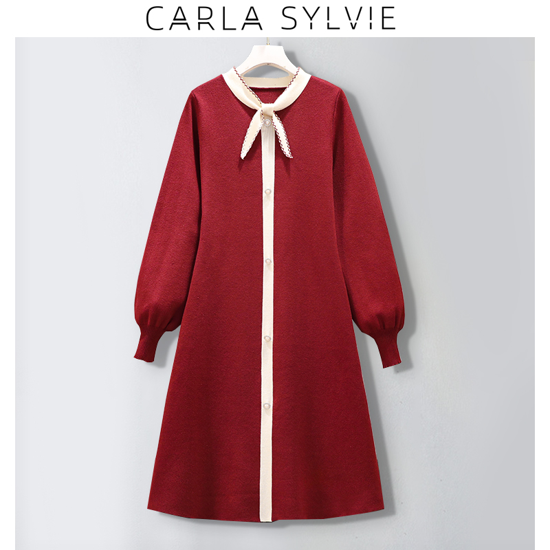 Large size high-grade women's ladies ladies wear Hepburn style fat mm cover belly slim red knitted base dress