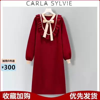 Spring large size high-grade sense women's new fat mm red knitted base slim doll collar dress