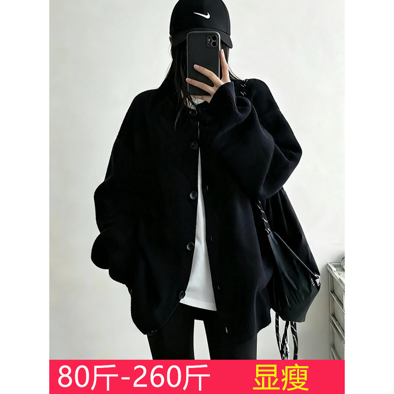 2026 Autumn/Winter New Plus Size Women's Sweater Coat, Mid-Length Slimming Black Lazy Style Knitwear for Women and Men