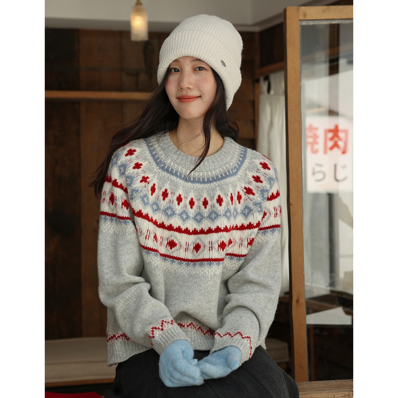 Munns 100% Wool Yarn Retro Raglan Sleeve Christmas Fair Isle Knit Top Warm Thickened Sweater