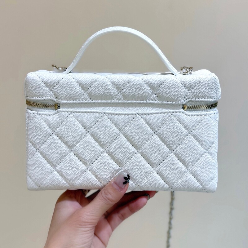 25C Lp Lunch Bag Caviar-Patterned Lychee Grain Leather Box Bag Handbag Shoulder Crossbody Bag Black White 25C Lp Lunch Bag Caviar-Patterned Lychee Grain Leather Box Bag Handbag Shoulder Crossbody Bag Black White
