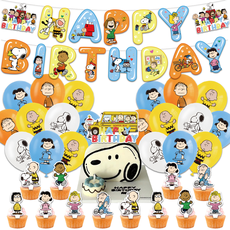 Snoopy Birthday Banner Balloon Set Backdrop Tissue Paper Cup Plate Tablecloth Birthday Party Decoration Fork