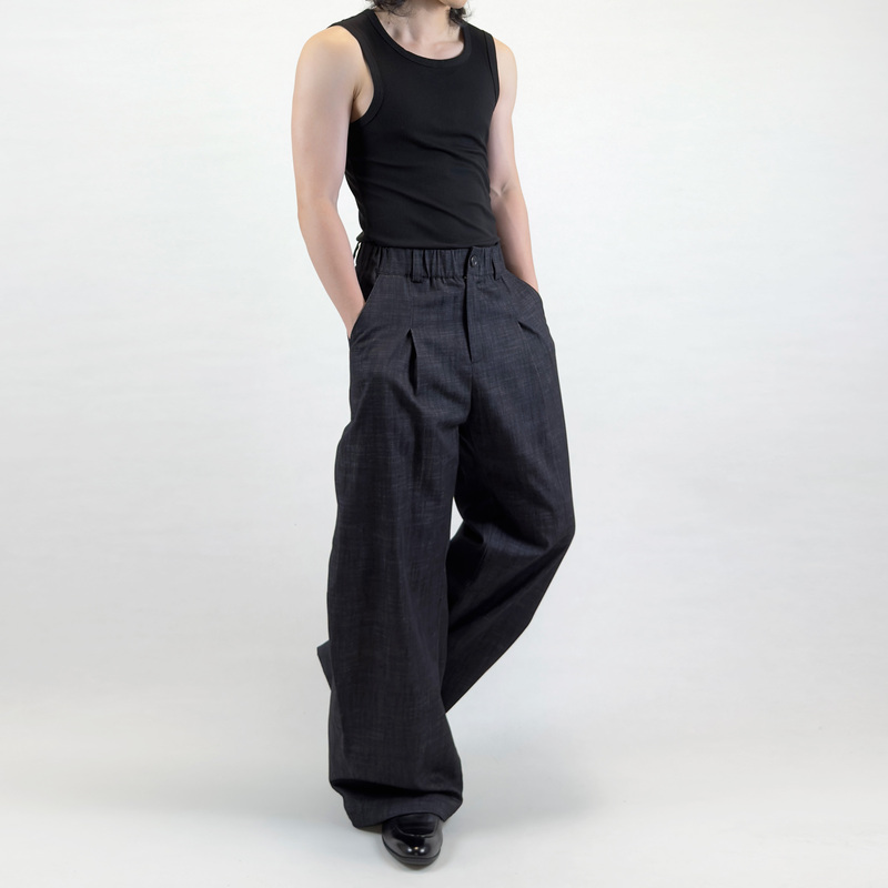 Illeism*Lanhei Irregular Pleated Scimitar Pants* Imitation Raw Cowhide Texture Tr Fabric Draped Loose Scimitar Casual Pants