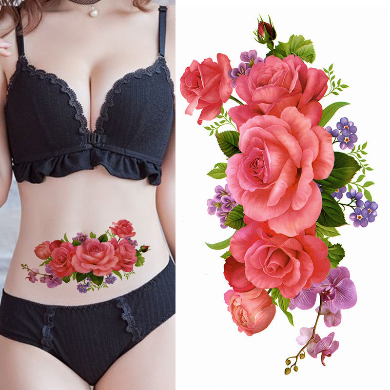 Color rose waterproof female long-lasting simulation belly cesarean section to cover scars Geisha body painting tattoo stickers