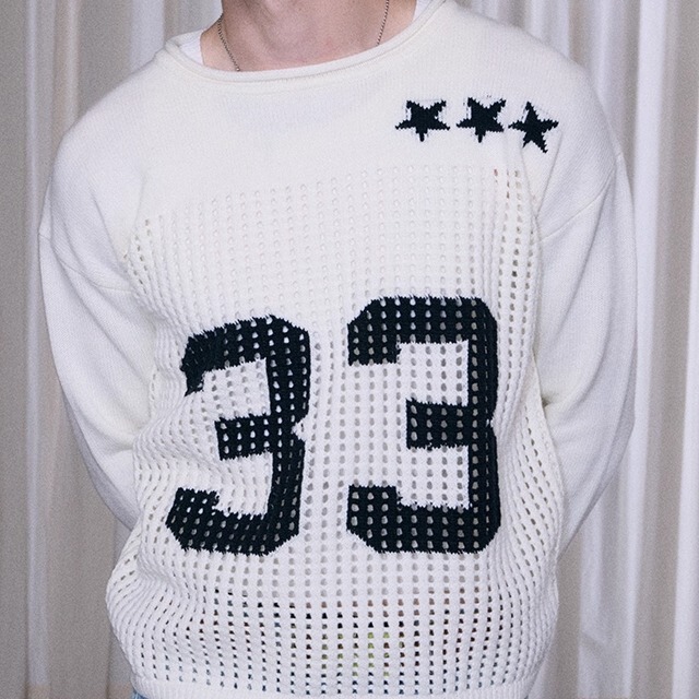 Insgale 25Aw Black and White Soft Hollow-Out Number Jersey Pullover Sweater