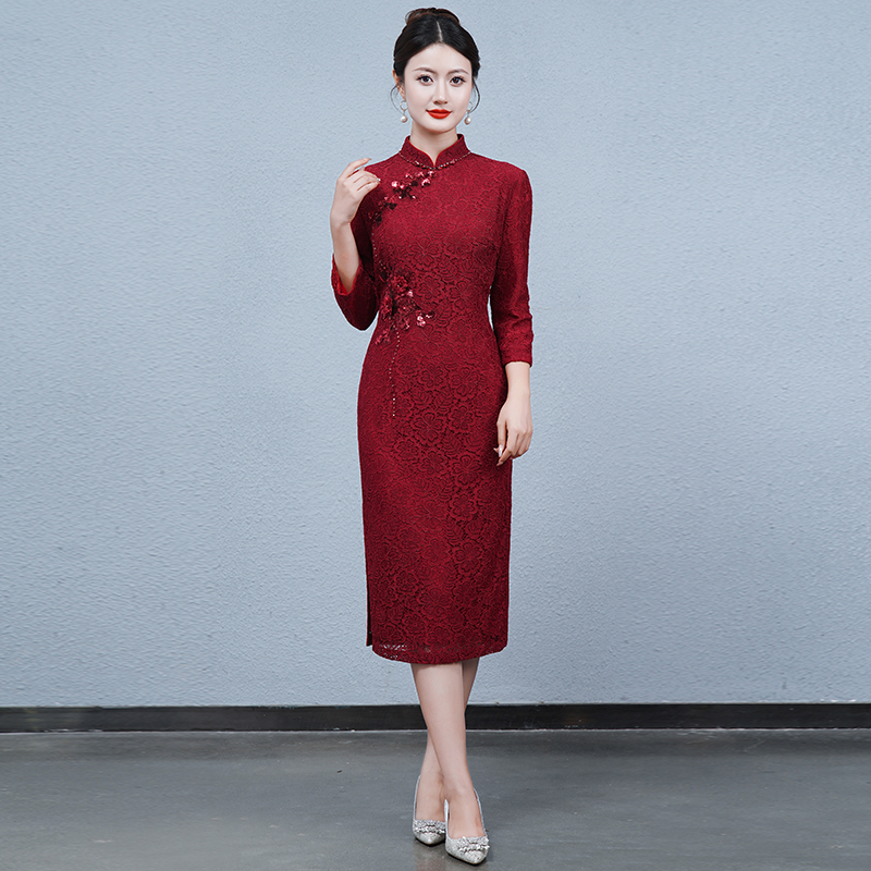 Lace demi-season cheongsam, wedding dress for mother, Chinese style