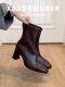 Cowhide French-Style Square-Toe Chunky Heel Short Boots for Women, 2025 Autumn and Winter Ankle Boots, Elegant High-Heeled Slim Boots, Retro Single Boots