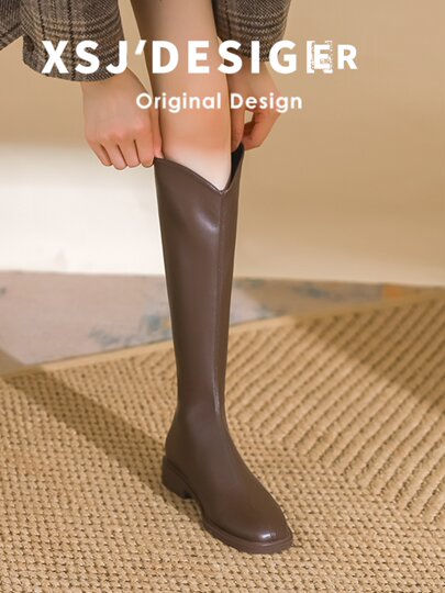 Genuine leather thick-heeled boots for women with square toe elastic V-mouth soft leather high boots brown over-the-knee thick-leg flat-soled skinny boots