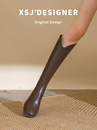 Genuine leather thick-heeled boots for women with square toe elastic V-mouth soft leather high boots brown over-the-knee thick-leg flat-soled skinny boots