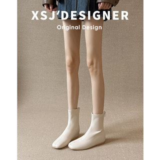 Genuine Leather Slim Boots for Women, Winter Height-Increasing Ankle Boots, Elastic Flat Short Boots, Soft Cowhide Back Zipper Slimming Single Boots