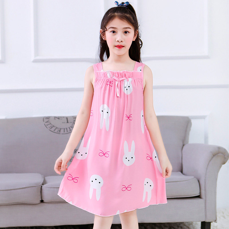 CUHK Tong Cotton Silk Sleeping Dress Girl Cute Harnesses Home Sleeping Clothes Summer Primary School Children Girl Thin sleeves No sleeves