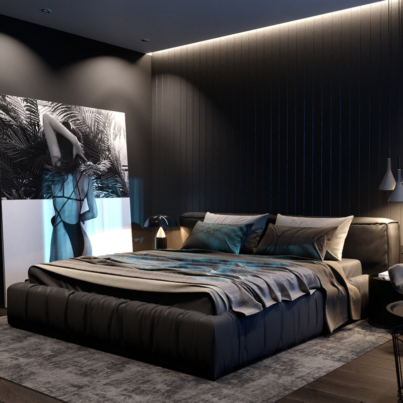 Italian minimalist leather bed First layer cowhide Nordic style bed Light luxury Modern simple high-end atmosphere Master bedroom double bed