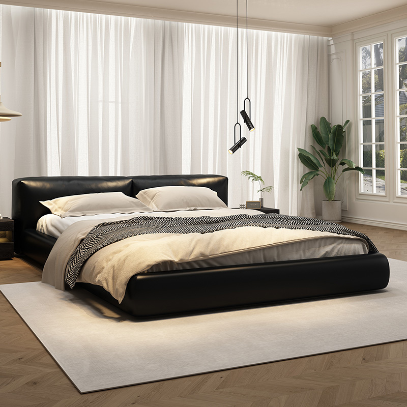 Black Genuine Leather Bed, Master Bedroom Large Bed, High-End Luxury Modern Minimalist Tofu Block Bed, Italian Minimalist Upholstered Double Bed