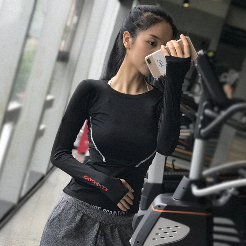 Reflective strips sport blouses women fitness wear long sleeve speed dry round collar tight fit running yoga high elastic letter T-shirt