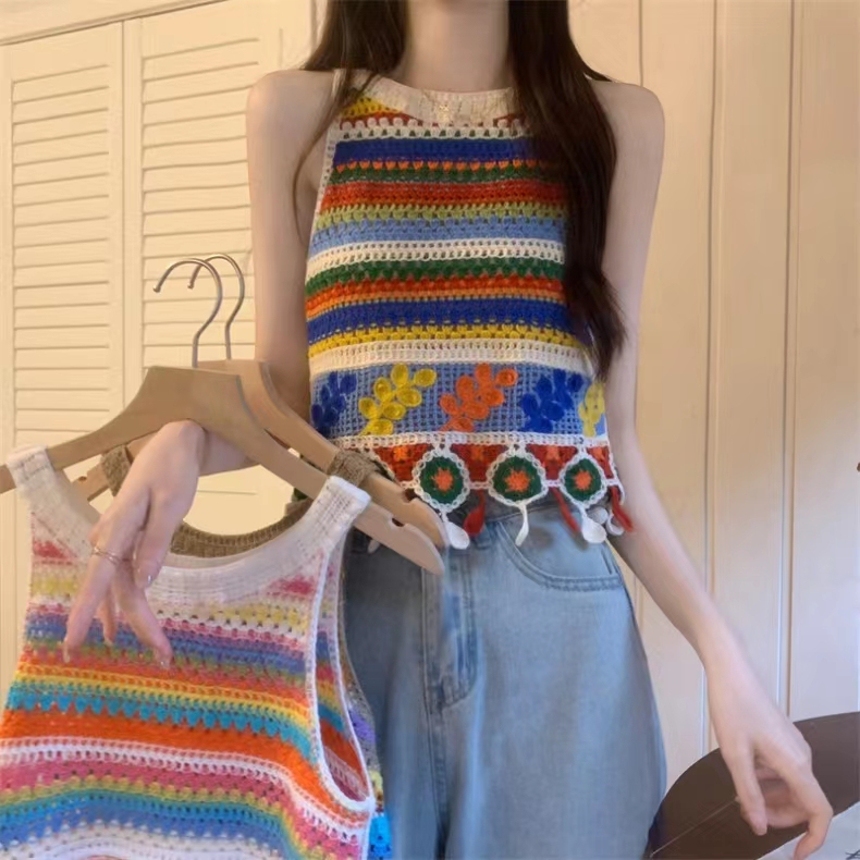 Rainbow Striped Hollow-Out Knit Camisole Summer 2023 New Heavy-Duty Design Sweet and Spicy Short Top for Women
