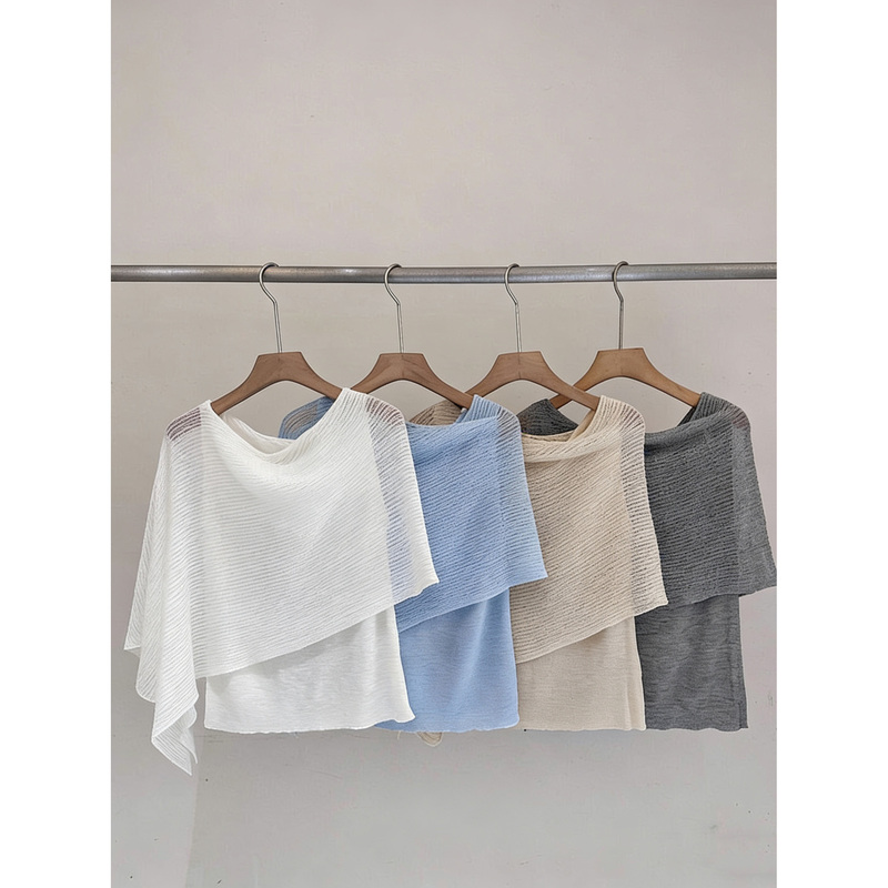 Thirteen Lines Design Irregular Cape Shawl Knitwear for Women, Summer High-End Loose Asymmetrical Shoulder Layered Top