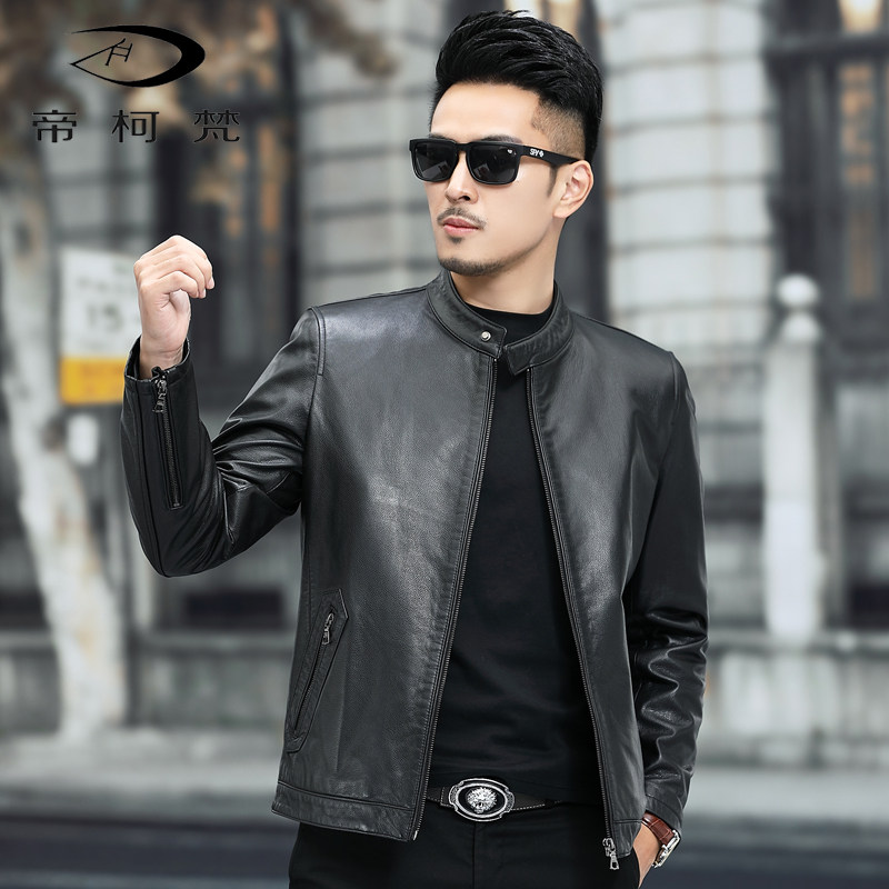 Haining leather leather men's first layer calfskin stand-up collar slim handsome short jacket single layer leather motorcycle clothing thin jacket