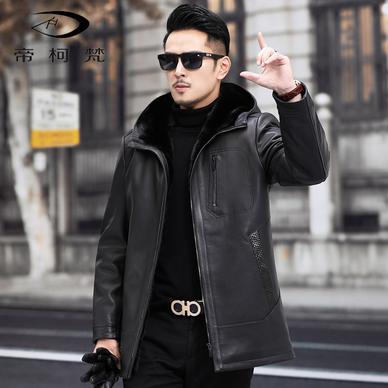 Men's fur coat sable coat Sheep deer tattoo medium-long print hood and ray coat