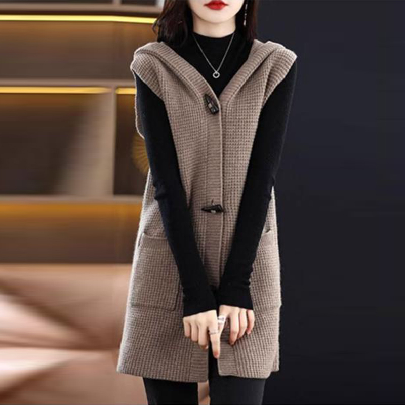 Hooded Vest for Women, Solid Color, Button-Down Knit Sweater, Sleeveless Sweater, Mid-Length Hooded Vest, Cardigan, Versatile Hooded Vest for Women, Solid Color, Button-Down Knit Sweater, Sleeveless Sweater, Mid-Length Hooded Vest, Cardigan, Versatile