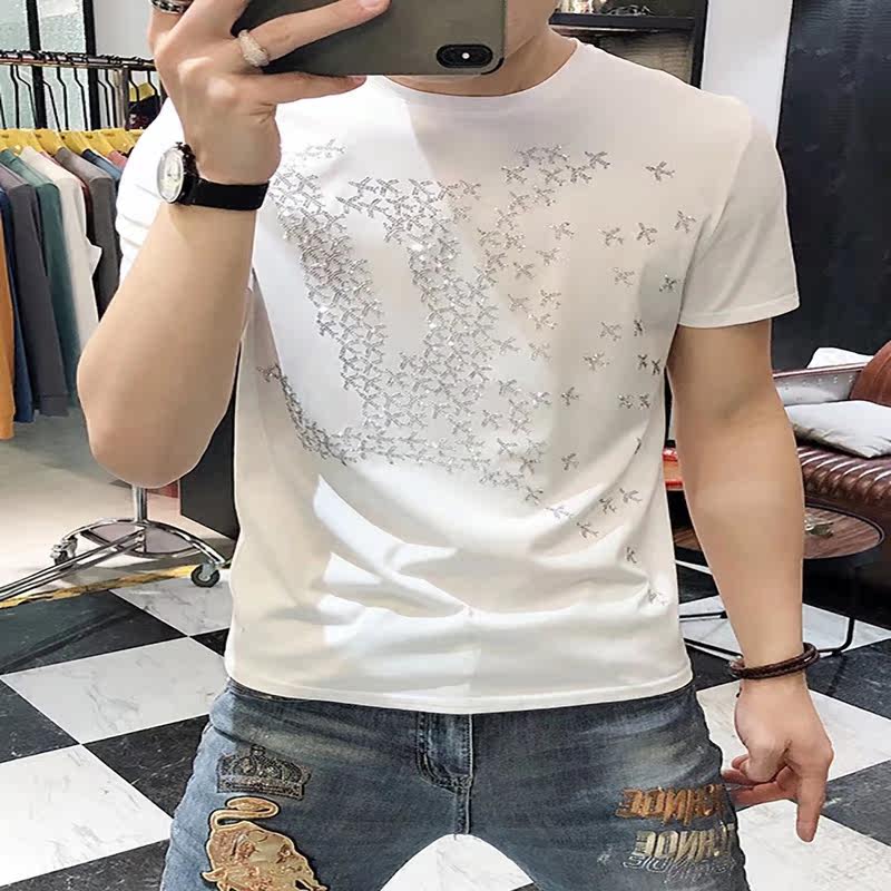 European station pure cotton short-sleeved T-shirt men's summer tide top Hong Kong style loose slim fit solid color sleeve t body 22 hip-hop hot drill